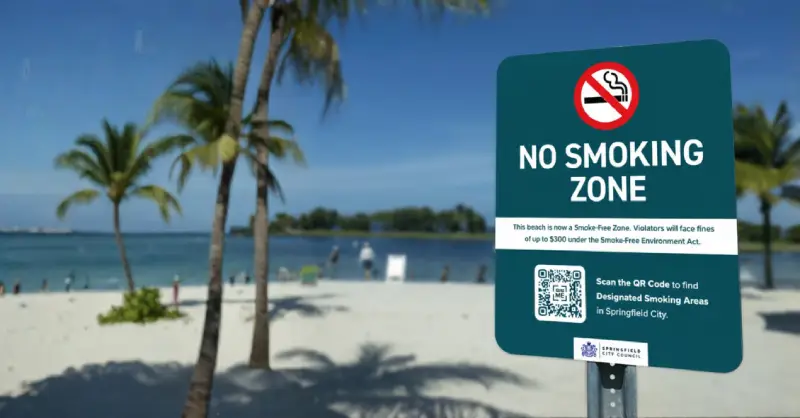 No smoking zone street sign with QR Code for regulations and information