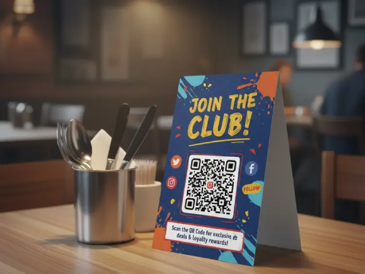 Coffee shop table tent with QR Code for menu or promotions