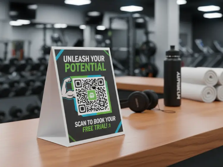 Gym table tent featuring QR Code for membership or class info