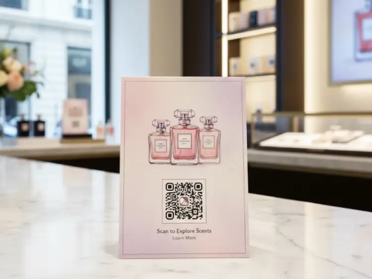 Scent shop table tent featuring QR Code for product info