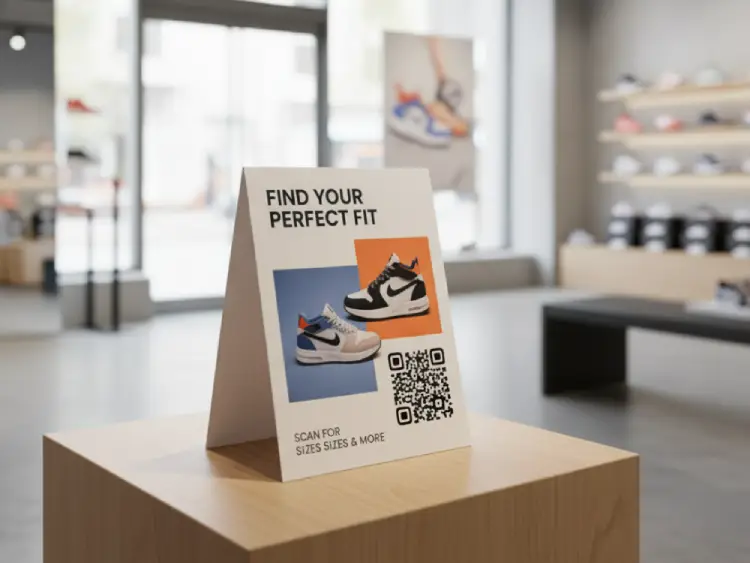 Shoe shop table tent with QR Code for product details