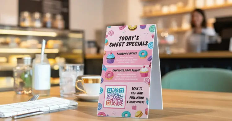 Sweet shop table tent with QR Code for menu or offers