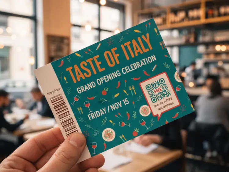Restaurant opening ticket with QR Code for RSVP or offers