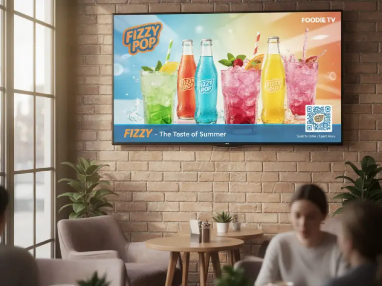 Beverage company TV ad featuring QR Code for promotions or offers