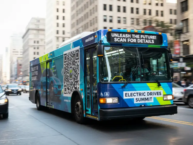 Bus displaying QR Code for route details or ticket booking