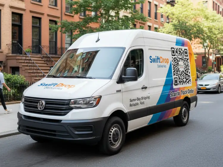 Delivery van with QR Code for order status or contact info