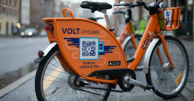E-scooter or bicycle with QR Code for app access or ride start