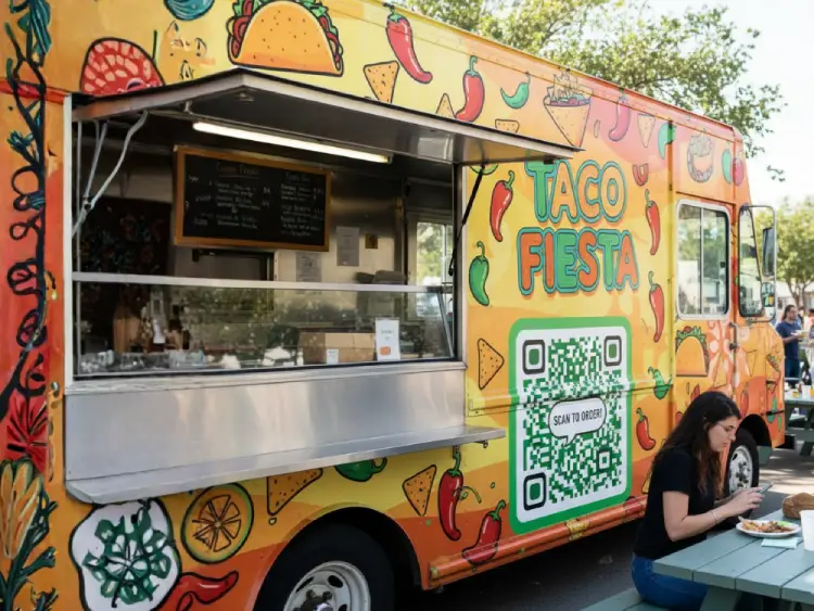 Food truck featuring QR Code for digital menu or offers
