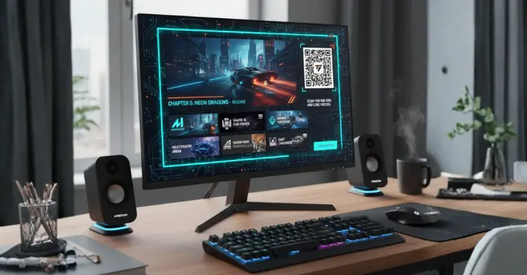 PC simulation game with QR Code for tutorials or additional content