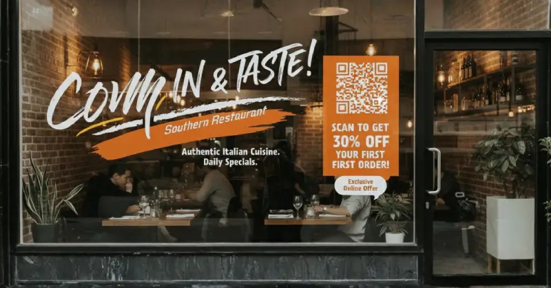 Coffee shop window with QR Code for special discount offer