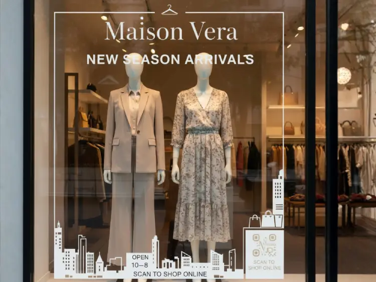 Fashion shop window display with QR Code for new arrivals