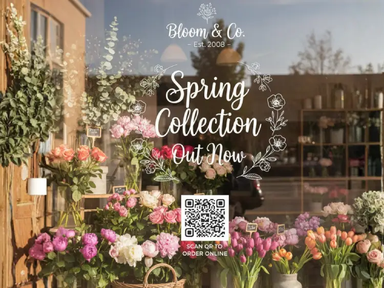 Flower shop window with QR Code for seasonal promotions