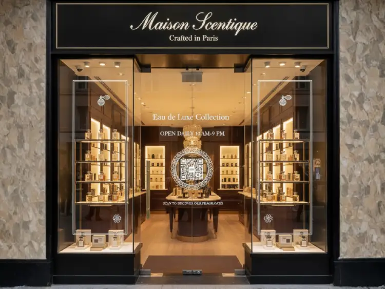 Fragrance store window with QR Code for product info