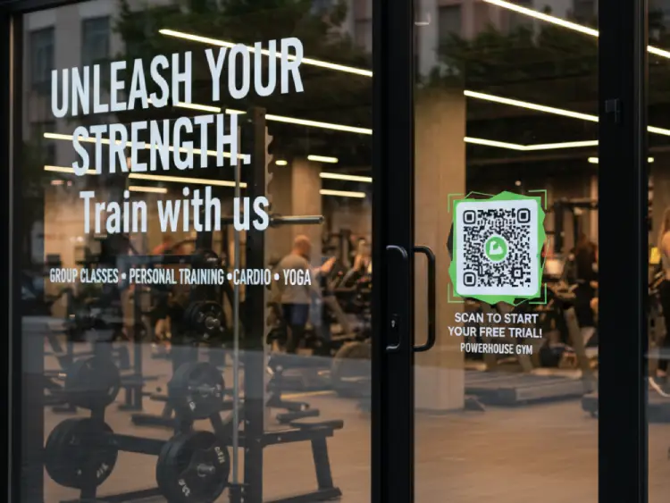 Gym window featuring QR Code for membership details
