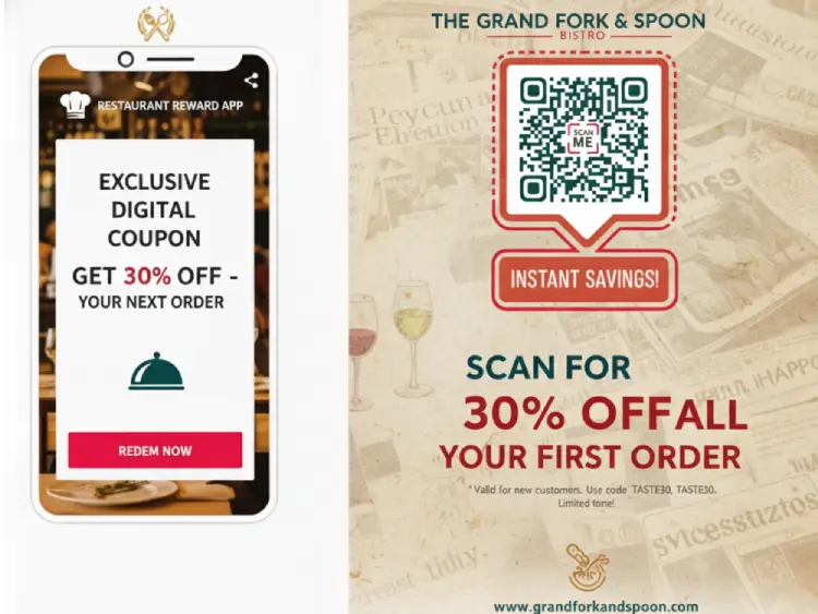 Restaurant window display with QR Code for discount