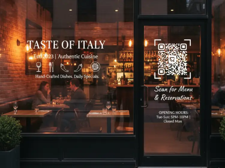 Restaurant window display with QR Code for menu or reservations