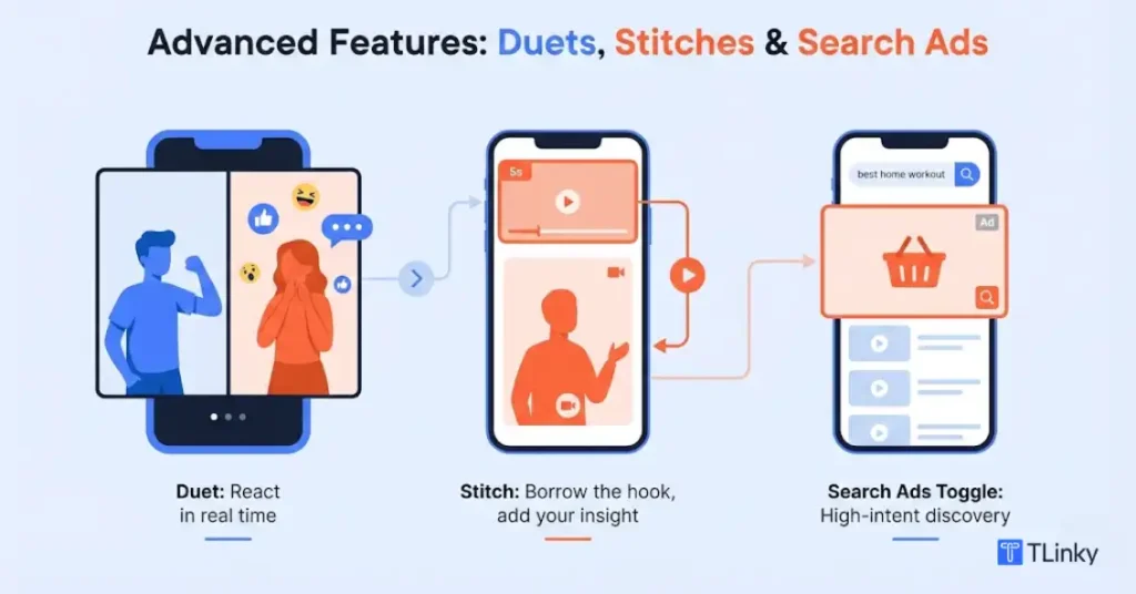 TikTok Advanced Features: Duets, Stitches, and Search Toggle
